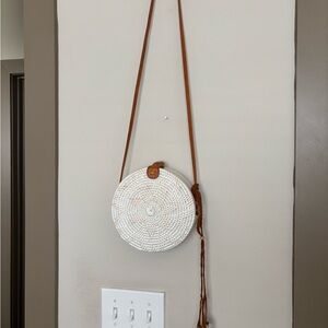 White and Tan Woven Crossbody Bag
